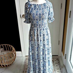 NWOT! BLUE & WHITE FLORAL Smocked MAXI DRESS